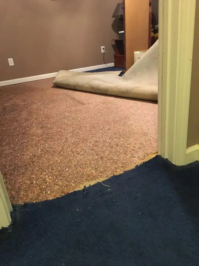Carpet pad removal revealing water damage during Drying & Dehumidification in Beckley